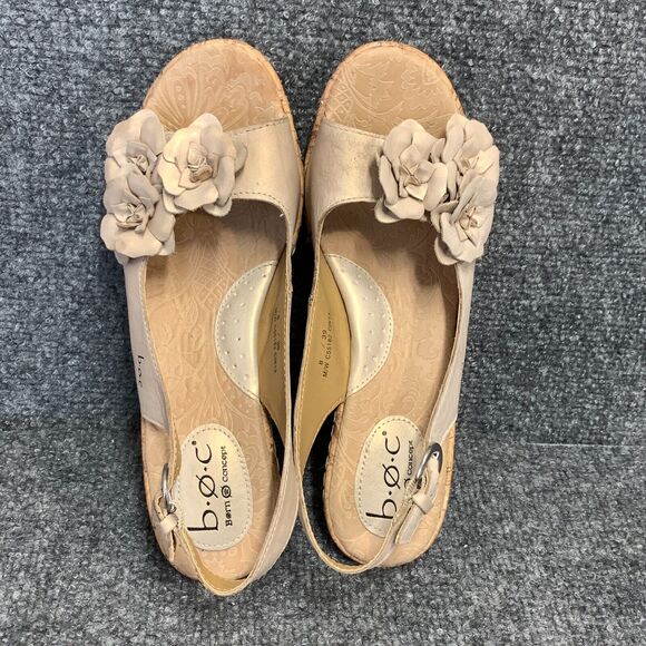 Born Boc Cork Wedge Sandals Womens 8 Tan Comfort Slingback Peep Toe Floral - Picture 5 of 13